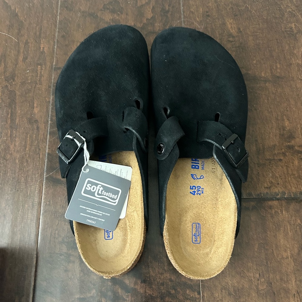 Birkenstock Black Suede Boston Clogs with Buckle